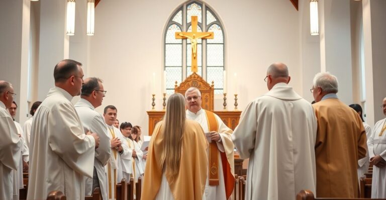 Zdjęcie tradycyjnej katolickiej ceremonii z poważnym duchownymi podczas składania ślubów w kościele, odzwierciedlające katolicką liturgię w stylu sedevacantistycznym.