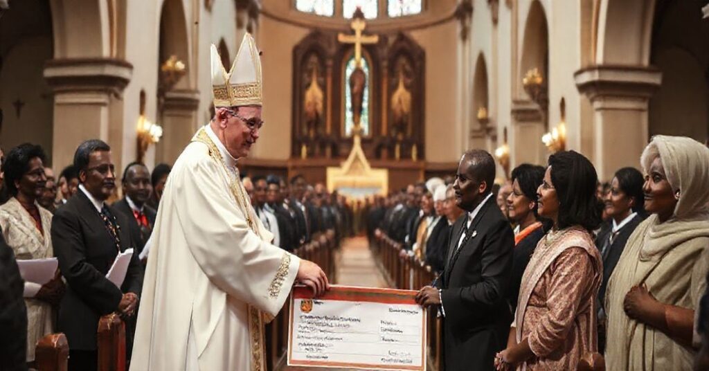 Ceremonia w katedrze kaliskiej, gdzie biskup przekazujesymboliczny czek na pomoc humanitarną dla Afryki, bez akcentu na ewangelizację