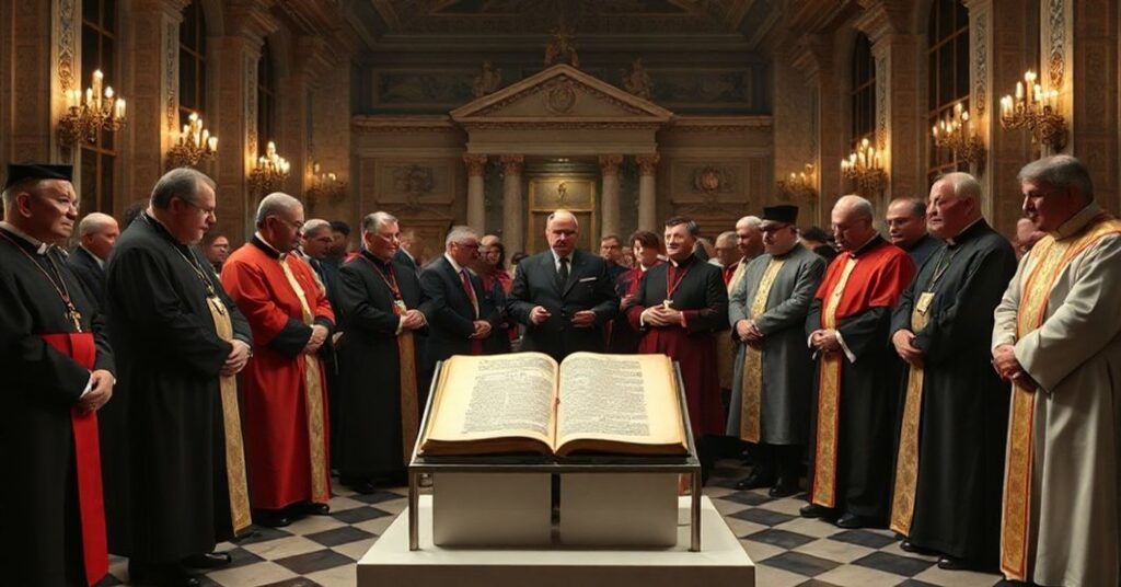 Ceremonia w Watykanie z udziałem modernistycznych duchownych i świeckich urzędników otoczonych dokumentem z pontyfikatu Grzegorza XVI.