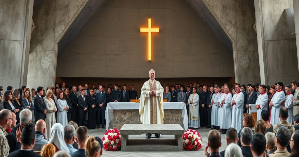 Fotografia ceremonii wmurowania kamienia węgielnego w kościele św. Marty w Jaworznie z udziałem 'biskupa' Jana Piotrowskiego.