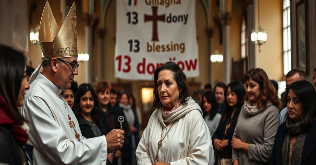 Ceremonia wręczania kluczy bezdomnym przez uzurpatora Leona XIV w ramach "13 domów", z matką Nadia Howlader na pierwszym planie