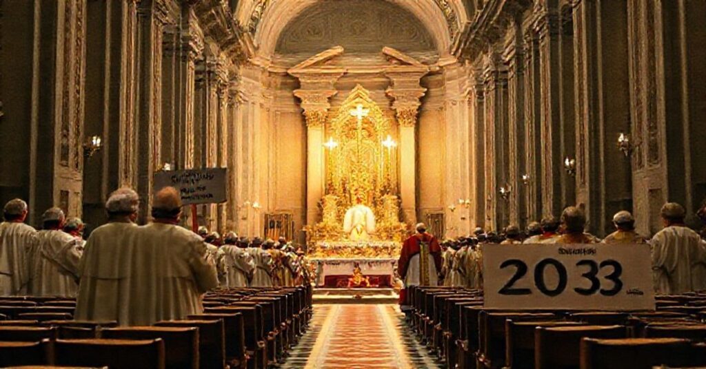 Ceremonialne zamykanie rzekomych Drzwi Świętych w Rzymie przez 'papeża' Leona XIV i modernistycznych kardynałów.