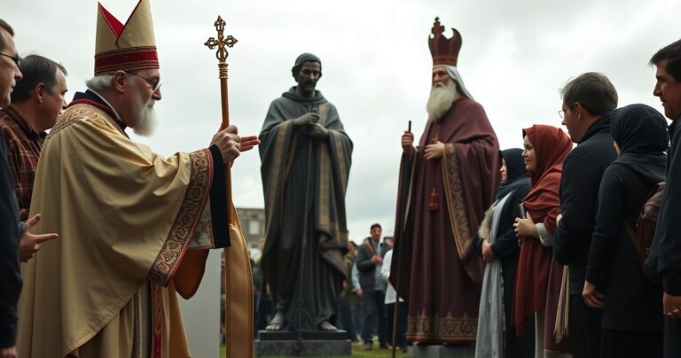 Rewerentny obraz katolicki przedstawiający ceremonię błogosławieństwa figury św. Andrzeja Boboli przez kapłana w tradycyjnych szatach, wśród wiernych na zewnątrz, pod chmurami