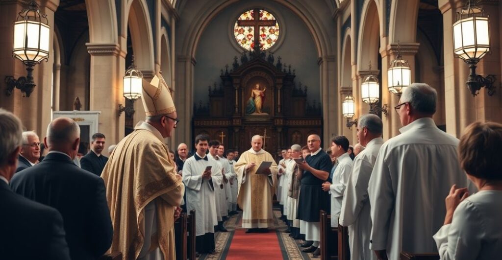 Religijne, poważne zdjęcie w katolickiej świątyni podczas ceremonii wręczenia nagród, ukazujące duchową powagę i tradycyjne elementy liturgiczne
