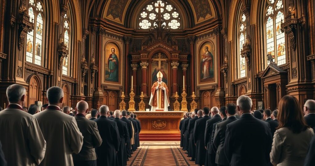 Faktyczna, pełna szacunku scena katolickiej liturgii, z duchownymi w tradycyjnych szatach, wiernymi w modlitwie, ukazująca powagę i wierność wierze katolickiej.