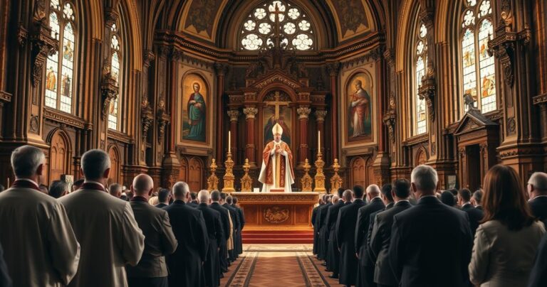 Faktyczna, pełna szacunku scena katolickiej liturgii, z duchownymi w tradycyjnych szatach, wiernymi w modlitwie, ukazująca powagę i wierność wierze katolickiej.