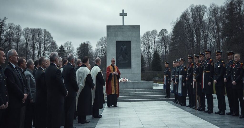 Rekonstrukcja realistycznego obrazka z poważną ceremonią w hołdzie żołnierzom, z duchownymi, oficjelami i żołnierzami, podkreślająca brak modlitwy o nawrócenie i duchowe aspekty wydarzenia