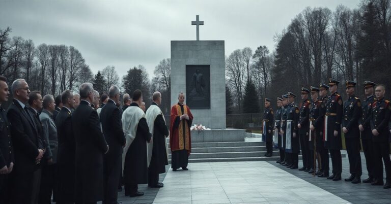 Rekonstrukcja realistycznego obrazka z poważną ceremonią w hołdzie żołnierzom, z duchownymi, oficjelami i żołnierzami, podkreślająca brak modlitwy o nawrócenie i duchowe aspekty wydarzenia