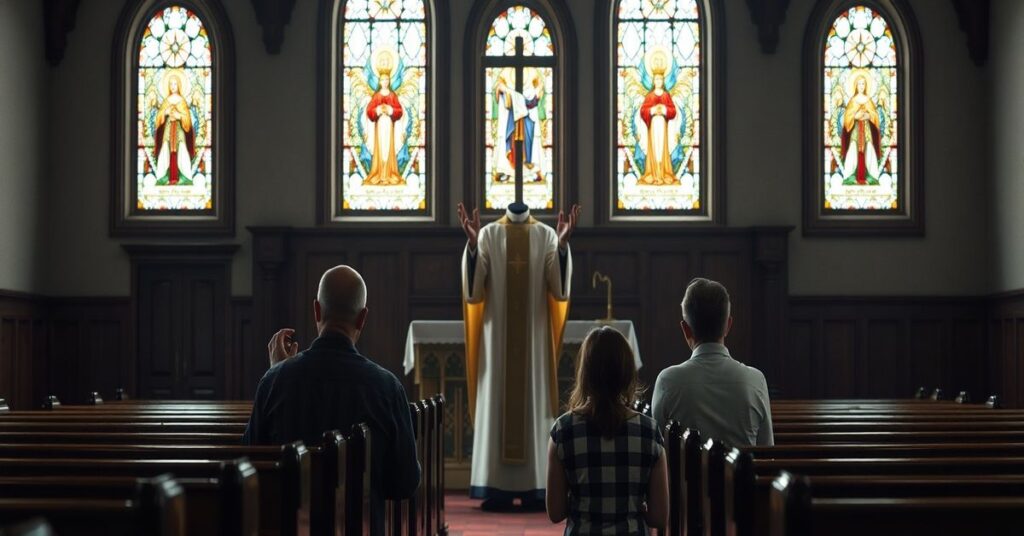 Cerkiew katolicka z kapłanem w ornaty i rodziną modlącą się w przeddzień duchowej apostazji i kryzysu zdrowotnego