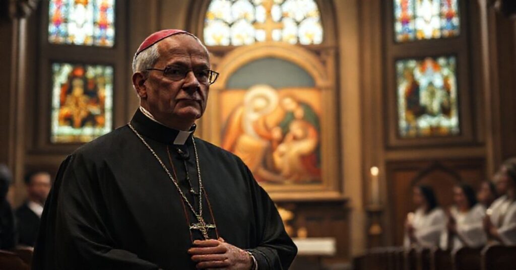 Cerkiew katolicka z ikoną Narodzenia Pańskiego i poważnym arcybiskupem w szatach liturgicznych