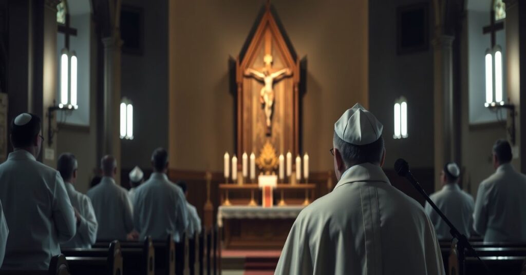 Cerkiew w Łowiczu z tradycyjnym ołtarzem i grupą duchownych modlących się w starożytnym stylu