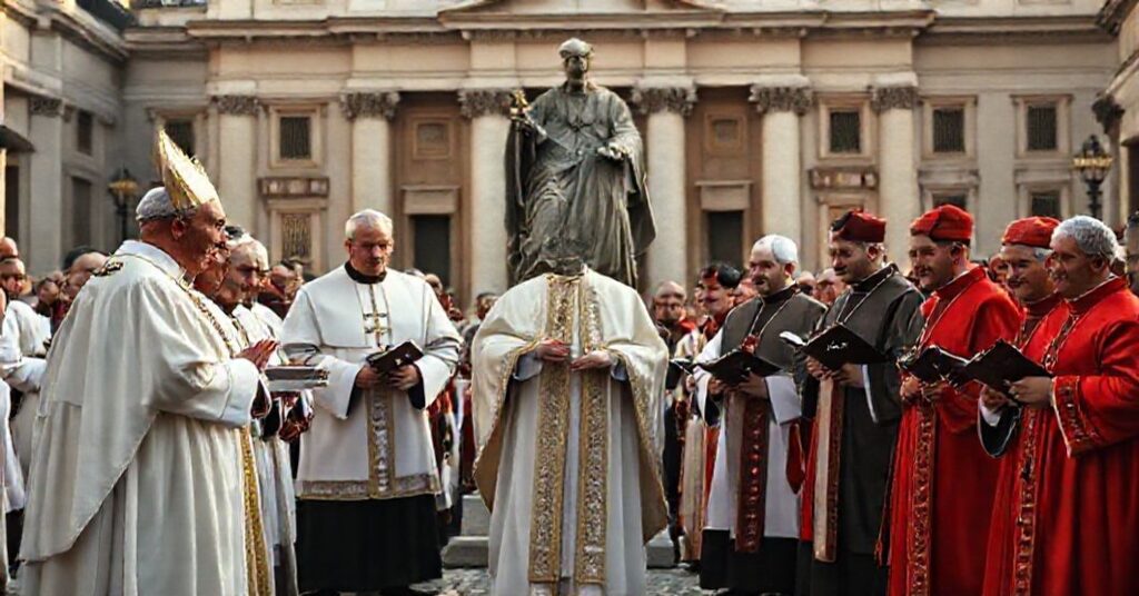 Serious traditional Catholic scene showing a solemn ceremony on St. Peter's Square, where a false 'pope' in white vestments stands with neo-modernist cardinals honoring a statue of John Henry Newman. The background includes troubled faithful Catholics holding traditional breviaries.