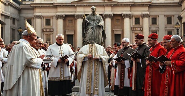 Serious traditional Catholic scene showing a solemn ceremony on St. Peter's Square, where a false 'pope' in white vestments stands with neo-modernist cardinals honoring a statue of John Henry Newman. The background includes troubled faithful Catholics holding traditional breviaries.