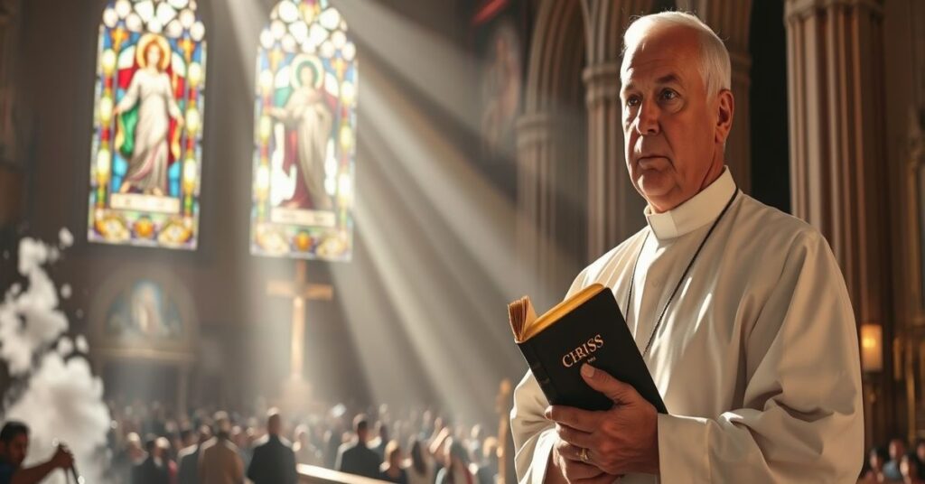 Ksiądz katolicki w tradycyjnej kościele z Biblią, symbolizujący chaos demokracji bez Chrystusa