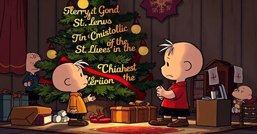 Scena z kreskówki "Charlie Brown i Boże Narodzenie", gdzie Linus recytuje fragment Ewangelii według Łukasza z przekładu King James Version przy ubogiej choince bożonarodzeniowej.