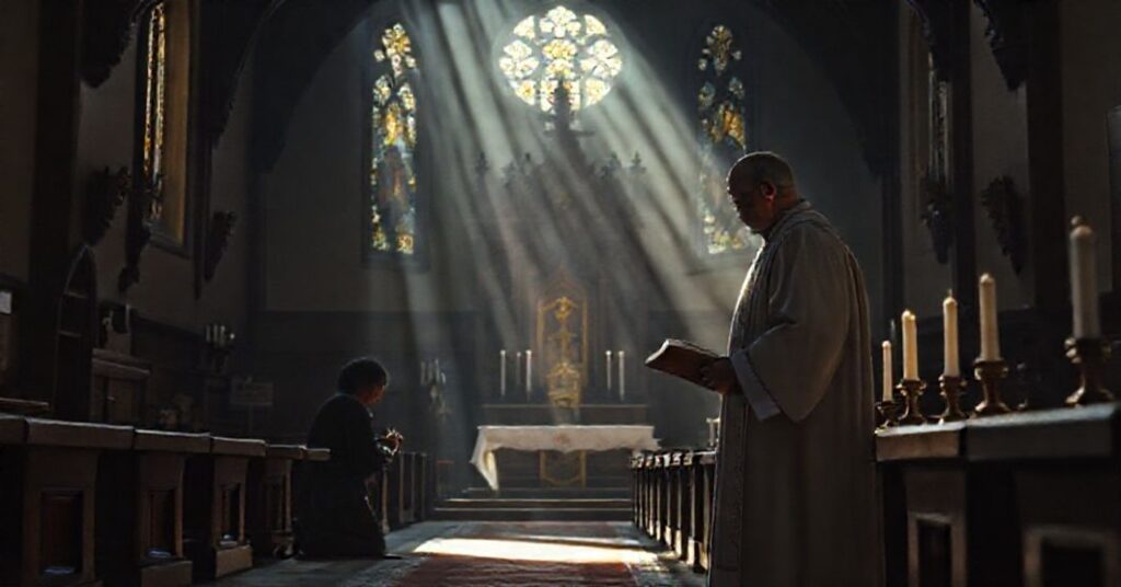 Charlie Kirk modli się w tradycyjnym kościele katolickim pod okiem "biskupa" Athanazjusza Schneidera, z altem i tabernakulum w tle.
