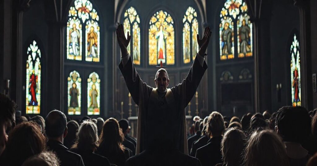 Wnętrze kościoła z grupą charyzmatycznych podczas emocyjnej ceremonii pod przewodnictwem fałszywego biskupa