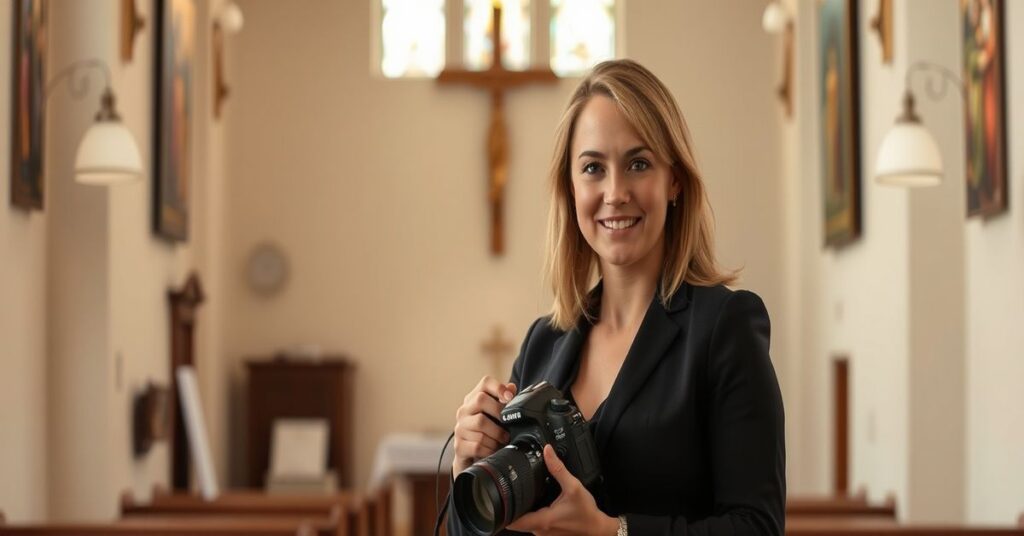 Chelsey Nelson - katolicka fotografka trzymająca aparat w tradycyjnym kościele, symbolizując obronę wolności religijnej przed LGBT ordynansem w Louisville.