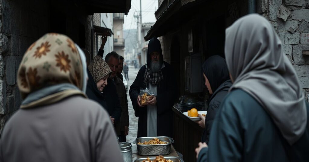 Scena kuchni społecznej w Chersoniu prowadzonej przez 'księża' Mychajło Romaniva w czasie wojny, z postacią 'kardynała' Konrada Krajewskiego w tle.