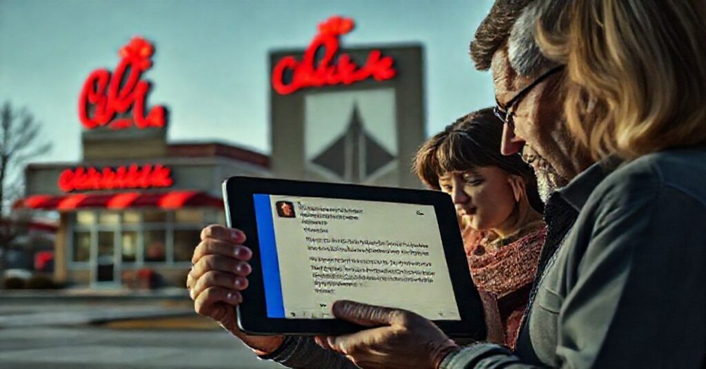 Zdjęcie przedstawiające restaurację Chick-fil-A w Orem (Utah) z wiadomością na Facebooku gratulującą parom homoseksualnym, symbolizującą odstępstwo od chrześcijańskich korzeni.