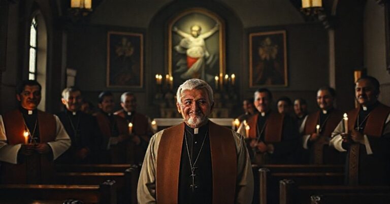 Półmroczna wnętrza tradycyjnego kościoła chilijskiego, przedstawiające grupę nowoczesnych 'biskupów' w ornatach, ich twarze pół oświetlone przez migotliwe światło świec. Na pierwszym planie José Antonio Kast stoi z wymuszoną uśmiechem, otoczony symbolami socjalistycznymi.