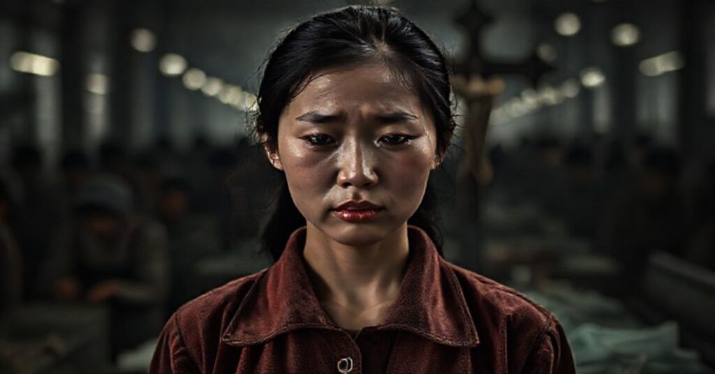 Pracownica chińska w fabryce, wyczerpana i smutna, z krzyżem w tle symbolizującym brak duchowej ucieczki.