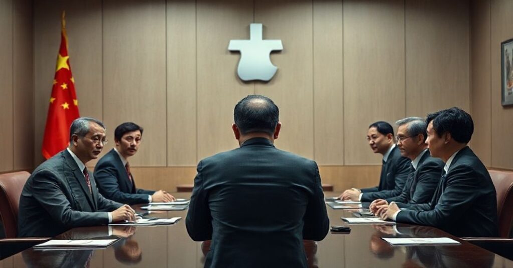 Uroczysty portret chińskich urzędników i przedstawicieli Apple podczas usunięcia aplikacji randkowych dla homoseksualistów z App Store.