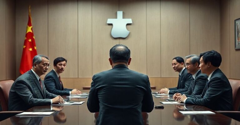 Uroczysty portret chińskich urzędników i przedstawicieli Apple podczas usunięcia aplikacji randkowych dla homoseksualistów z App Store.