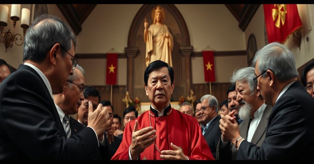 Scena polityczna z Joe Taya otoczonym agentami komunistycznymi Chin podczas kampanii wyborczej w Kanadzie w 2025 roku.