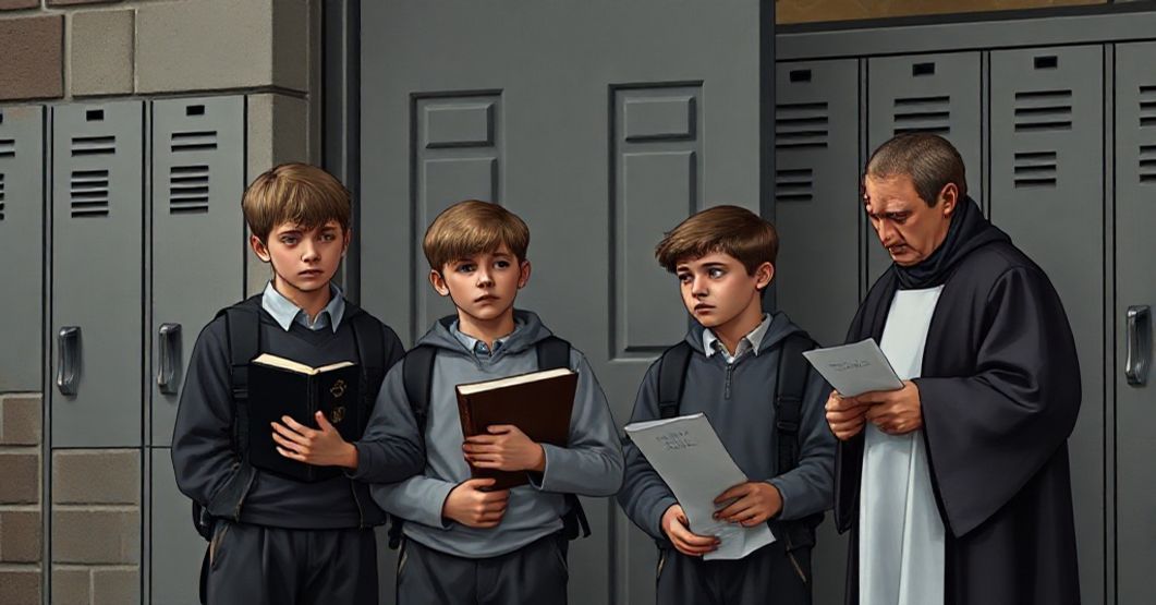 Młodzi chłopcy z bibliami i petycjami stają w obronie naturalnego porządku przed szkolną szatnią