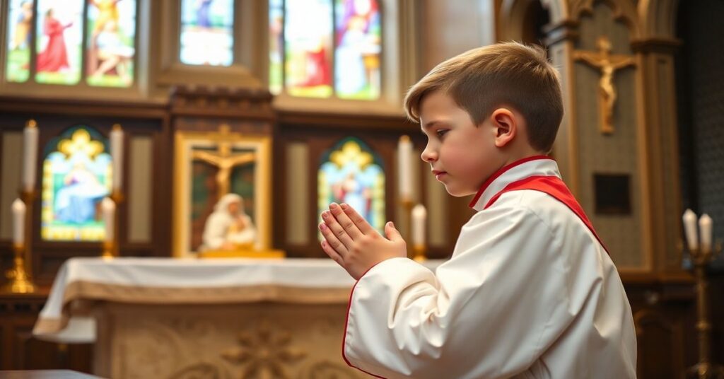 Nawracający się chłopiec w modlitwie przed Najświętszym Sakramentem w tradycyjnym kościele katolickim