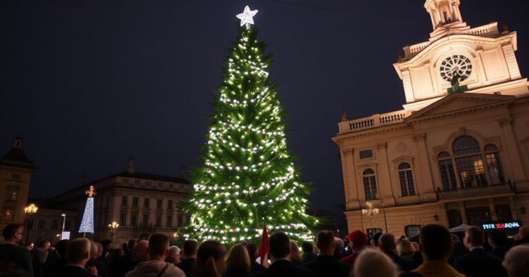 Sztucznie oświetlona 16-metrowa choinka przed budynkiem kurii krakowskiej zwanego "Okno papieskie" podczas ceremonii rozświecenia z udziałem "arcybiskupa" Grzegorza Rysia i góralami.