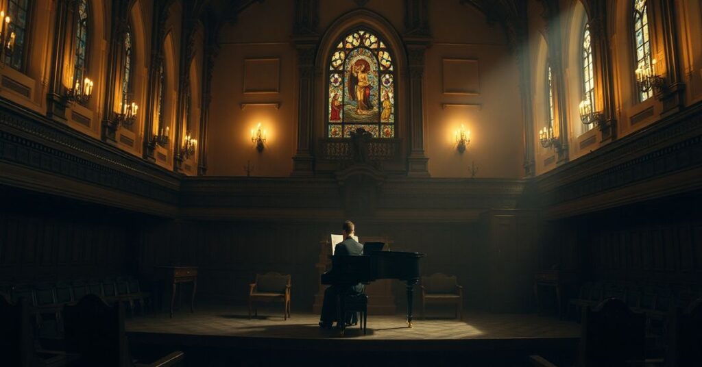 Pianista Konrad Skolarski gra Chopina w tradycyjnym salonie koncertowym z elementami sakralnymi na tle.