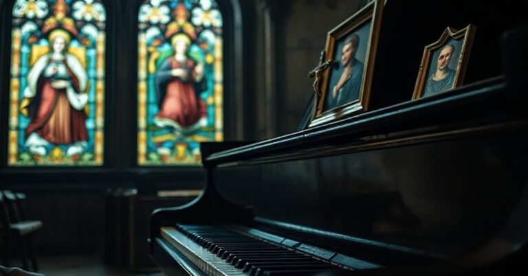 Pianino w starym kościele katolickim z ukrytym portretem Chopina i krzyżykiem