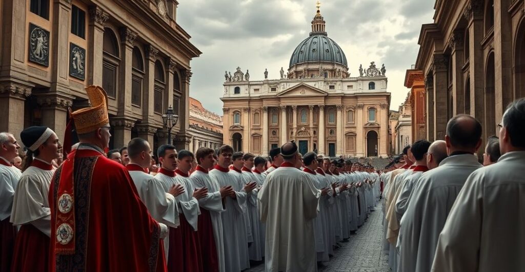 Tradycyjna katoliczka procesja z chórem z Bielska Podlaskiego w Rzymie, z odległą, zasłoniętą postacią anty-papieża na tle. Chór koncertuje przed Bazyliką św. Piotra, w atmosferze smutku i zdrady modernistycznej.