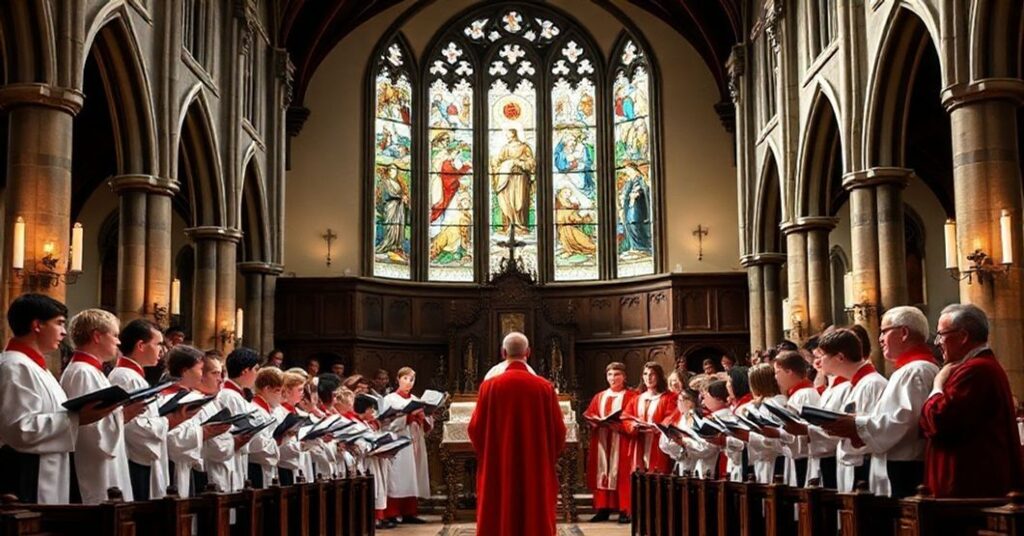 Tradycyjny chór chłopięcy w katedrze rzeszowskiej śpiewający tradycyjne pieśni liturgiczne pod kierownictwem kapłana.