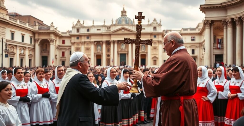 Scena w Watykanie przedstawiająca chór w tradycyjnych strojach polskich podczas występu, z biskupem wręczającym krzyż dyplomacie, na tle Bazyliki św. Piotra, symbolizująca konflikt między tradycją katolicką a nowoczesnymi odchyleniami.