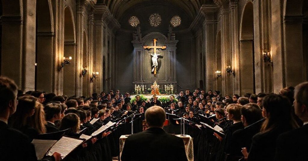 Zdjęcie chóru Schola Cantorum w bazylice św. Cecylii w Trastewerze pod kierunkiem "ks. biskupa" Marco Frisiny.