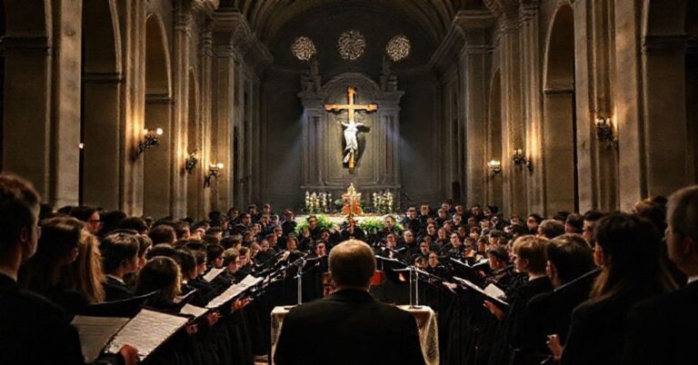 Zdjęcie chóru Schola Cantorum w bazylice św. Cecylii w Trastewerze pod kierunkiem "ks. biskupa" Marco Frisiny.