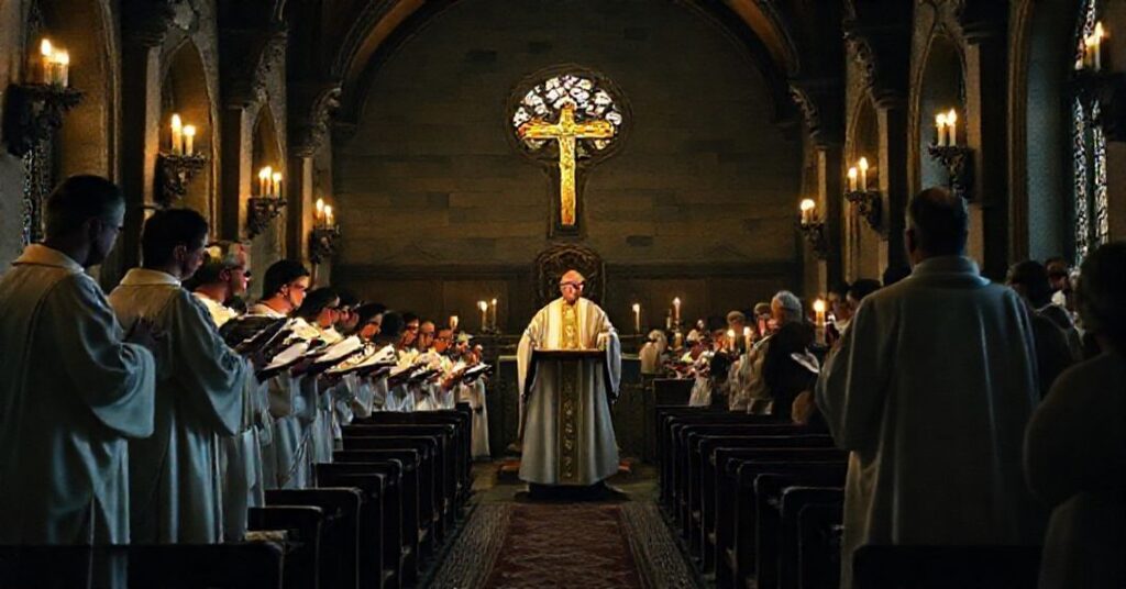 Tradycyjny chór gregoriański śpiewający w kaplicy kontrastuje z nowoczesnym rytem Novus Ordo w neokatolickim kościele.