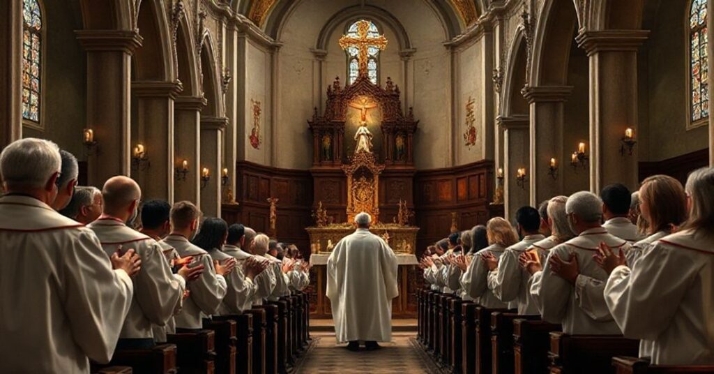 Wnętrze kościoła z chórem w sutannach śpiewającym gregoriański chorał podczas mszy Świętej