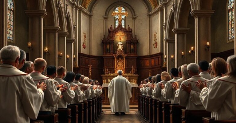 Wnętrze kościoła z chórem w sutannach śpiewającym gregoriański chorał podczas mszy Świętej