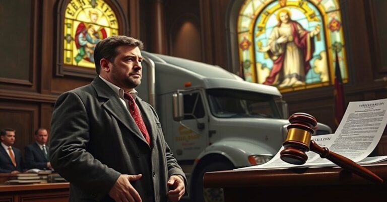 Chris Barber, przywódca Freedom Convoy, obok swojego ciężarówki w sali sądowej z motywami katolickimi. Scena symbolizuje konflikt między światowym prawem a prawem naturalnym.