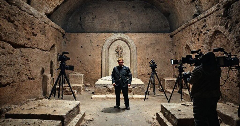 Chryz Pratt w podziemiach Watykanu przy rzekomym grobie św. Piotra - dokumentacja propagandowa nowego kościoła