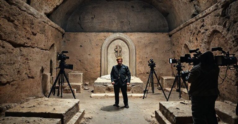 Chryz Pratt w podziemiach Watykanu przy rzekomym grobie św. Piotra - dokumentacja propagandowa nowego kościoła