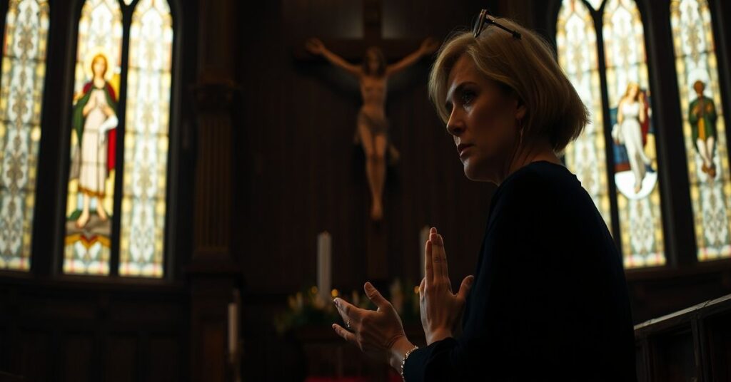 Christina Applegate w modlitwie przed krzyżem w tradycyjnym kościele katolickim