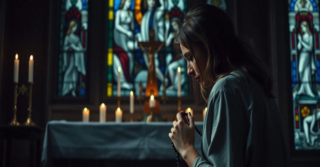 Portret Christiny Applegate klęczącej w modlitwie przed katolickim ołtarzem z krzyżem i świecznikami