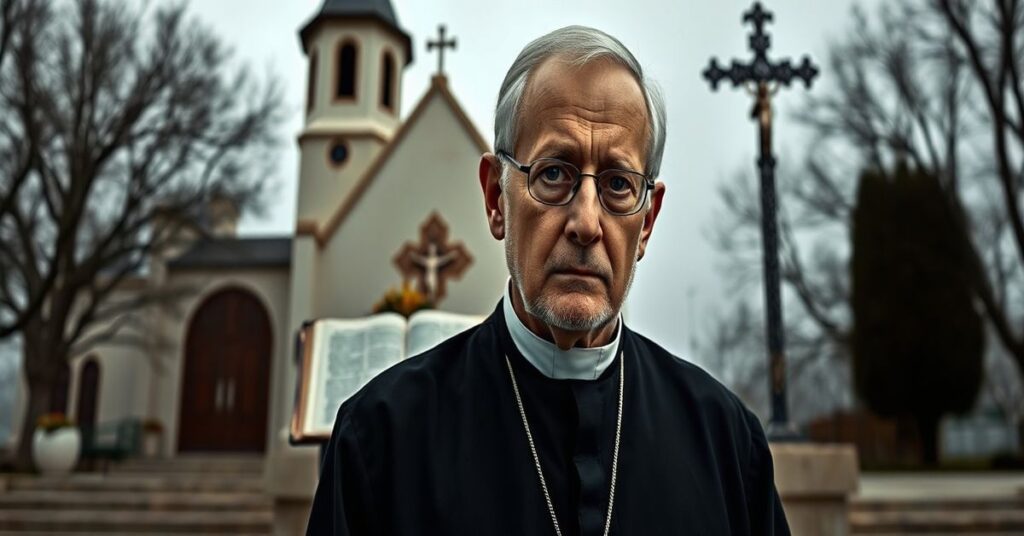 Portret Waldemara Chrostowskiego przed synagogą i kościołem katolickim symbolizujący niebezpieczny dialog ekumeniczny.