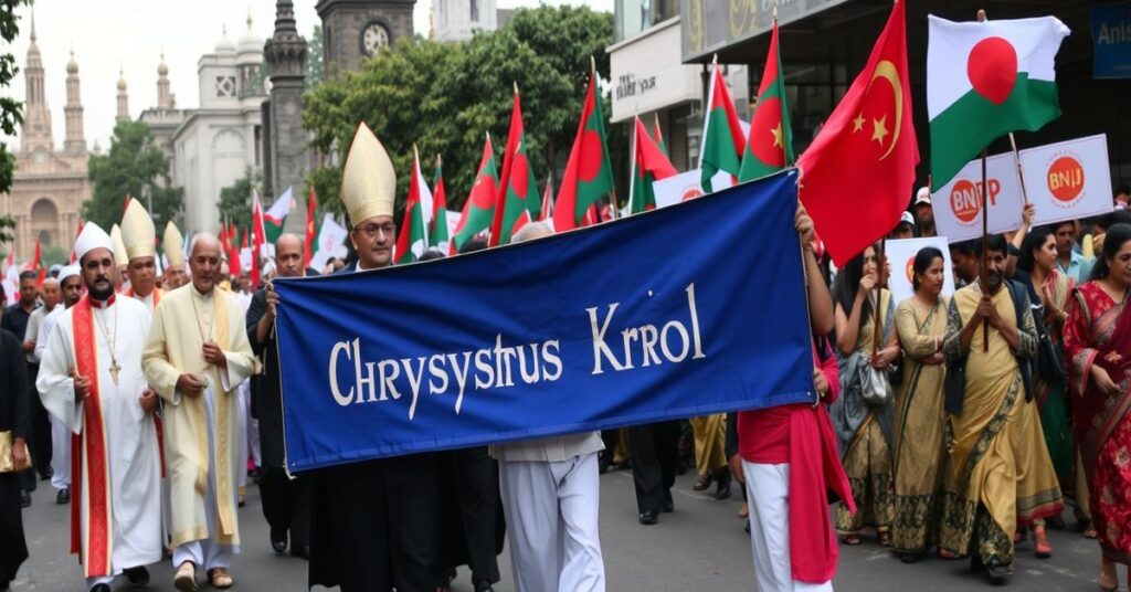 Procesja katolicka w Dhace z hasłami 'Chrystus Król' na tle protestów BNP.