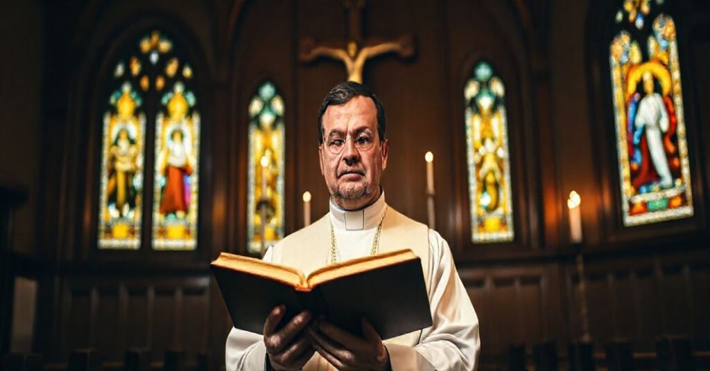 Katolicki książ w tradycyjnych szatach liturgicznych trzyma otwartą Biblię w ciemnym koście z drewnym krzyżem i witrażem przedstawiającym Chrystusa Króla.